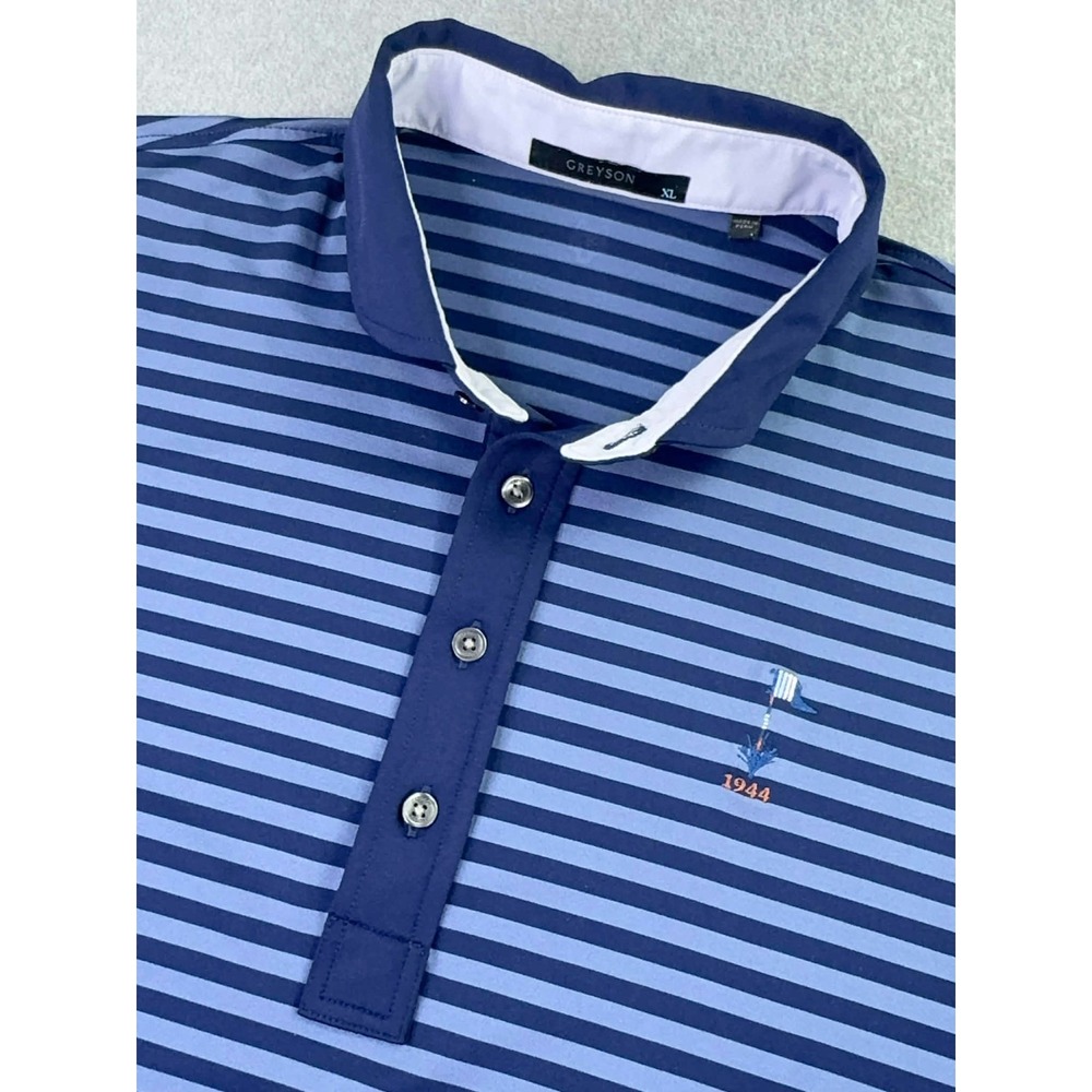 Greyson Polo Shirt‎ Mens XL Blue Performance Golf Multi Color Stripe Button Logo
